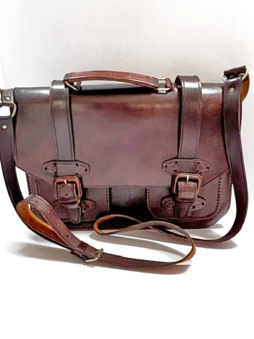 Hand-crafted Hand-tooled leather briefcase messenger workbag